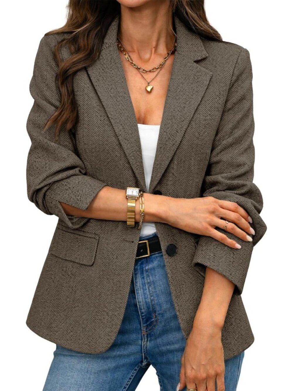 Chic Herringbone Tweed Blazer - Slim Fit Business Casual Jacket for Women